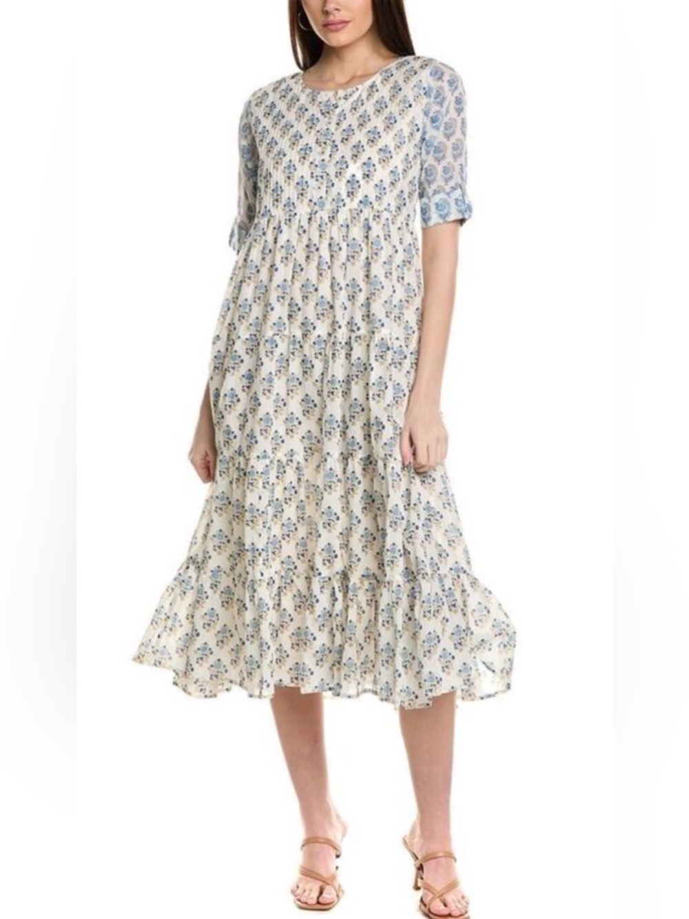 Ro’s Garden Caitlin Floral Printed Midi Peasant Dress in Cream and Blue Large